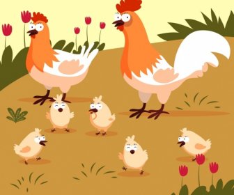 닭 농장 암 탉 수 탉 병아리 아이콘 그림