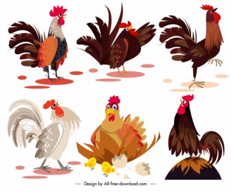 Chicken Icons Colored Cartoon Sketch
