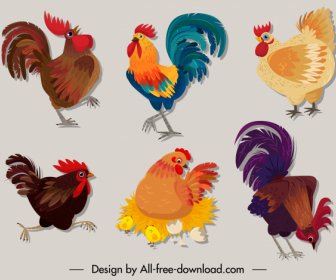 Chicken Icons Colorful Classic Sketch
