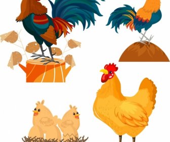 Куриные иконы петух курица цыпленок символы мультфильм дизайн