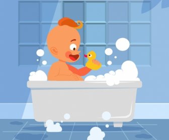 Childhood Background Bathing Boy Icon Cartoon Character