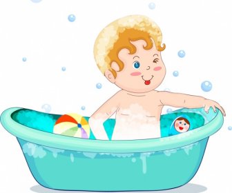 Childhood Background Bathing Kid Icon Colored Cartoon Character