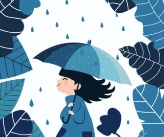 Kindheit Hintergrund Blaues Design Mädchen Verlässt Regenschirm Symbole
