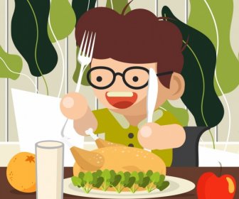 Childhood Background Boy Eating Foods Icons Cartoon Design