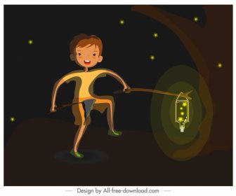 童年背景男孩螢火蟲素描卡通設計