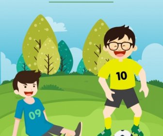 Childhood Background Boy Playing Football Icons Colored Cartoon