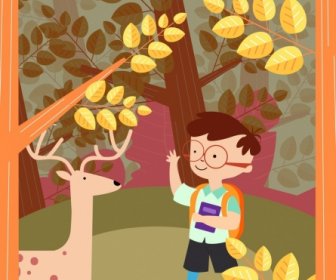 Childhood Background Boy Reindeer Forest Icons Colored Cartoon