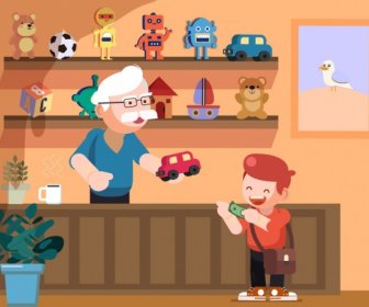 Childhood Background Boy Toys Store Icons Cartoon Design