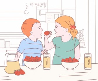 子供の頃の背景果物を食べる子供たちアイコン手描きのスケッチ