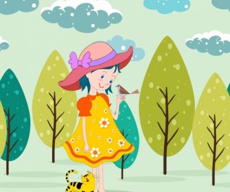 Childhood Background Cute Girl Pets Icons Colored Cartoon