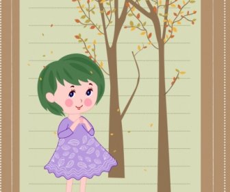 Childhood Background Cute Girl Trees Icons Cartoon Design