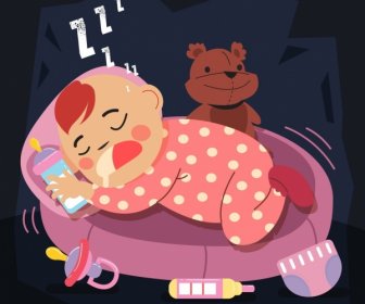 童年背景可愛的睡眠嬰兒圖示卡通設計