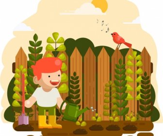 Childhood Background Gardening Theme Colored Cartoon Design