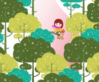 Infância Fundo Garota Cão árvores ícones Coloridos Dos Desenhos Animados