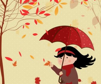 Childhood Background Girl Falling Leaves Icon Red Decor