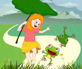Childhood Background Girl Rain Frogs Icons Colored Cartoon
