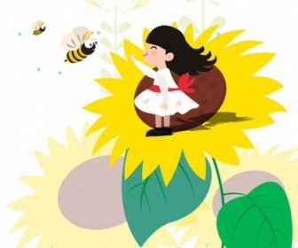 Kindheit Hintergrund Mädchen Sonnenblumen Honigbienen Symbole Cartoon-design
