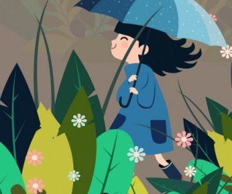 Childhood Background Girl Umbrella Flowers Leaves Icons