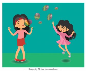 Childhood Background Girls Playing Balloons Sketch Cartoon Characters