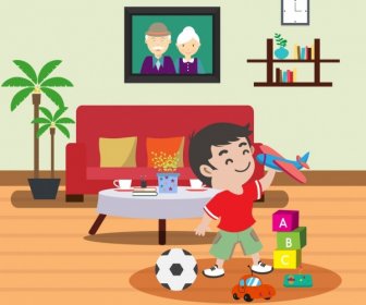 Masa Kanak-kanak Latar Belakang Indoor Furniture Anak Laki-laki Yang Menyenangkan Mainan Ikon