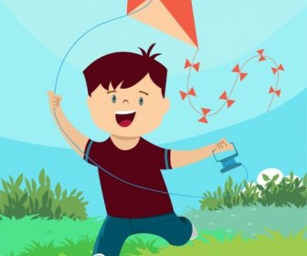 Childhood Background Joyful Boy Kite Icons Colored Cartoon
