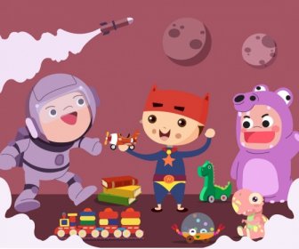 Kindheit Hintergrund Fröhlichen Jungen Spielzeug Symbole Comic-Figuren