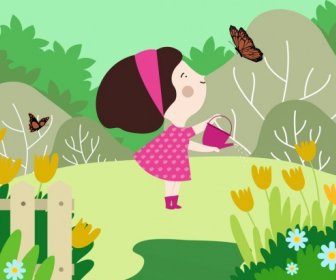 Childhood Background Joyful Girl Garden Icons Cartoon Design