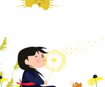 어린 시절 배경 즐거운 소녀 애완 동물 양식된 태양 아이콘