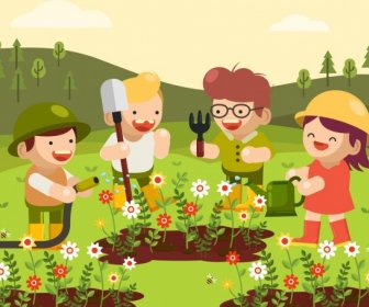 Childhood Background Joyful Kids Gardening Theme Cartoon Design
