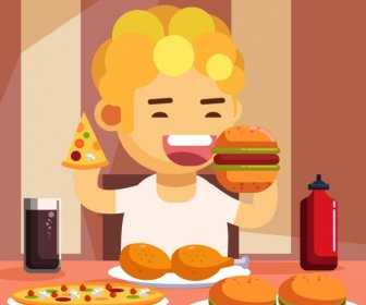 Childhood Background Kid Eating Fast Food Icon