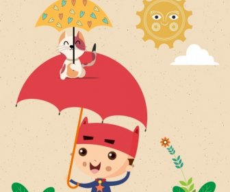 子供時代背景の子供傘キティのアイコン様式太陽