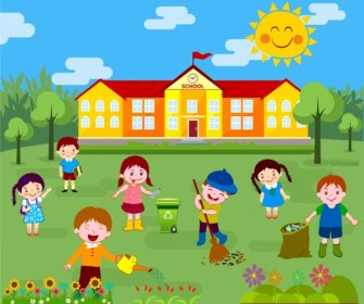 Childhood Background Kids Cleaning Outdoor Colored Cartoon