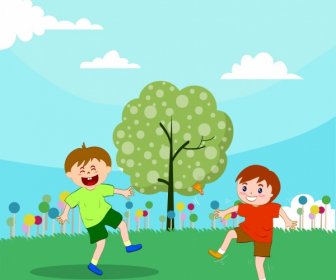 Childhood Background Playful Boy Icons Colored Cartoon Design