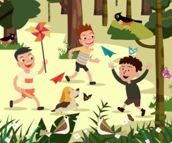 Childhood Background Playful Boys Outdoor Cartoon Design