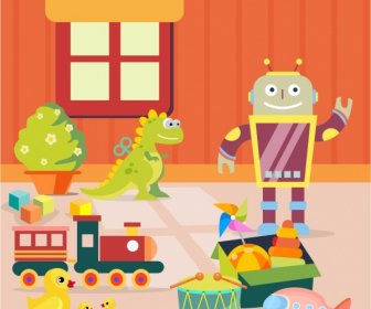 Childhood Background Toys Icons Colored Cartoon Design