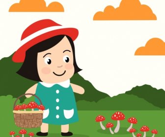 儿童卡通背景的可爱女孩图标蘑菇采集