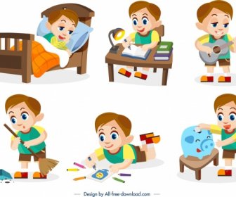Childhood Design Elements Boy Daily Activities Icons Design