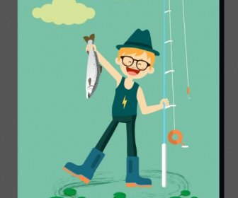 Childhood Drawing Boy Fishing Icon Colored Cartoon Design