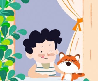 儿童图画男孩小猫宠物图标彩色卡通