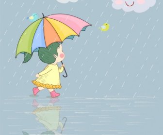 子供のころ雨の日のかわいい女の子を描く様式デザイン