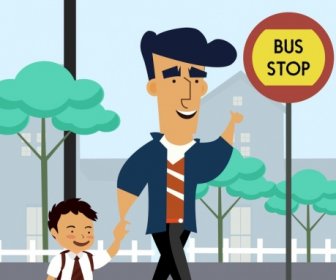 兒童圖畫父親兒子公共汽車站彩色卡通