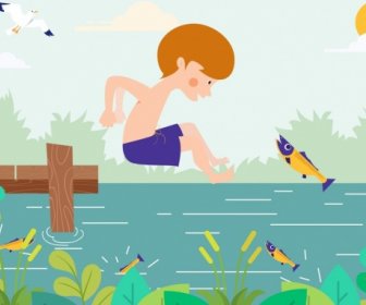 детство, рисование радостное мальчик рыб реки значки