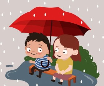 Kindheit, Kleine Junge Mädchen Regen Regenschirm Symbole Zeichnen