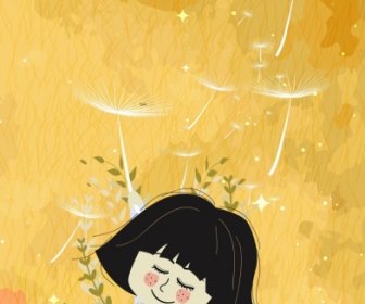 Childhood Drawing Yellow Backdrop Little Girl Dandelion Icons
