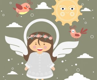 Childhood Dream Background Girl Angle Wings Birds Icons