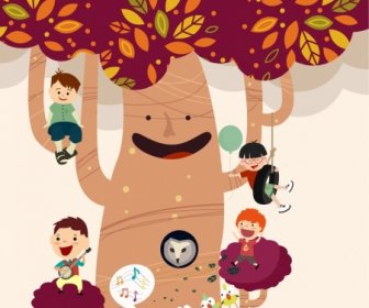 Fundo Do Sonho De Infância Estilizada árvore Crianças ícones Da Decoração