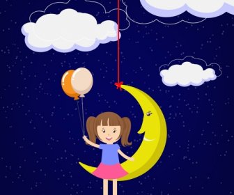 Childhood Dream Theme Stylized Moon And Girl Design