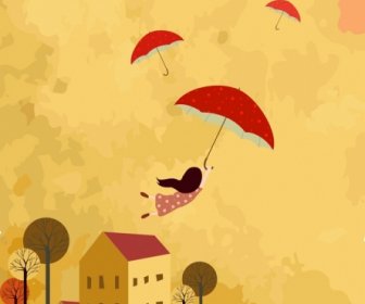 Childhood Dreaming Background Flying Umbrella Girl Icons Decor