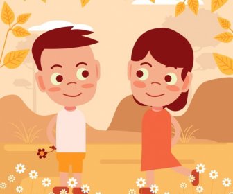Childhood Friendship Drawing Cute Kids Icons Cartoon Design