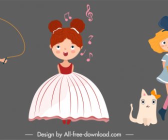 Childhood Girls Icons Cute Cartoon Characters Sketch